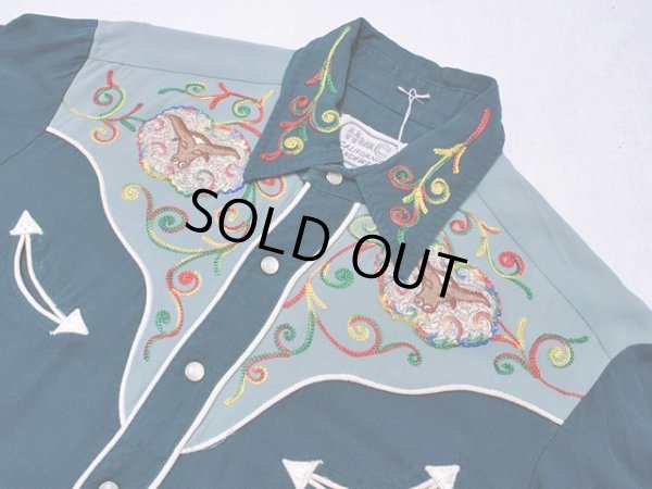 画像4: 1950s【HbarC】ツートン刺繍レーヨンギャバウエスタンシャツ