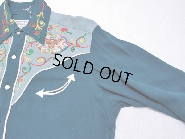 画像5: 1950s【HbarC】ツートン刺繍レーヨンギャバウエスタンシャツ