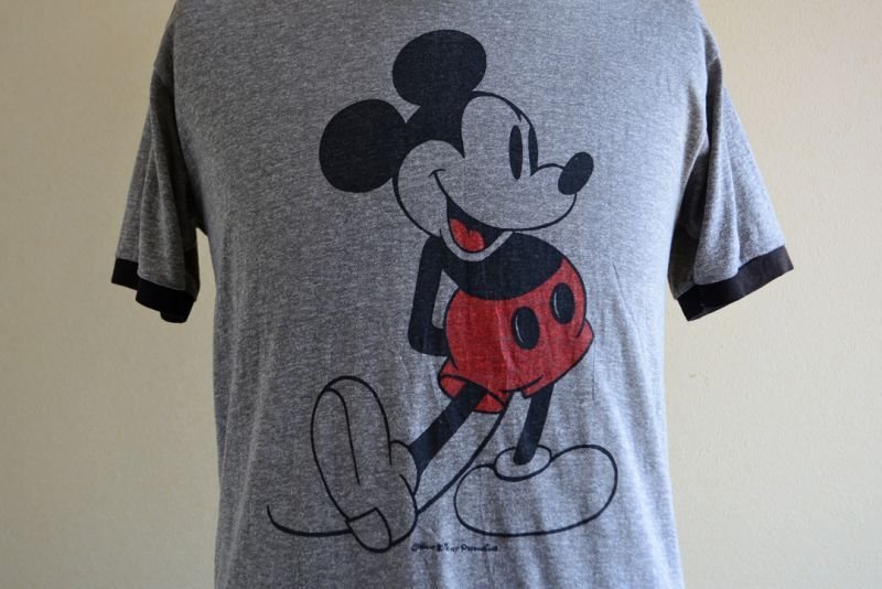 1980s MICKEY MOUSE リンガーTシャツ 杢灰×黒 表記L - 古着屋HamburgCafe
