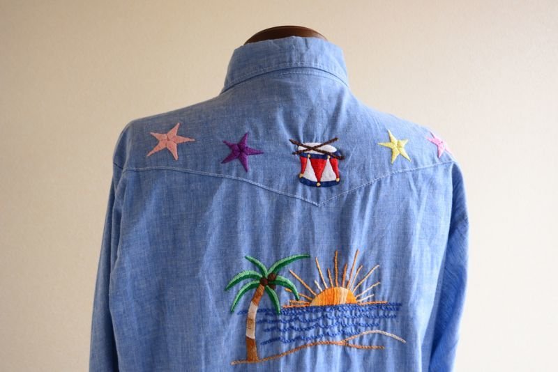 1970s Sears 刺繍シャンブレーウエスタンシャツ 表記L - 古着屋HamburgCafe