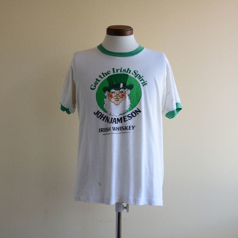【vintage】プリントスウェット Tシャツ グリーン 両面プリント 1980s JAMESON リンガーTシャツ 両面プリント 実寸ML - 古着屋HamburgCafe