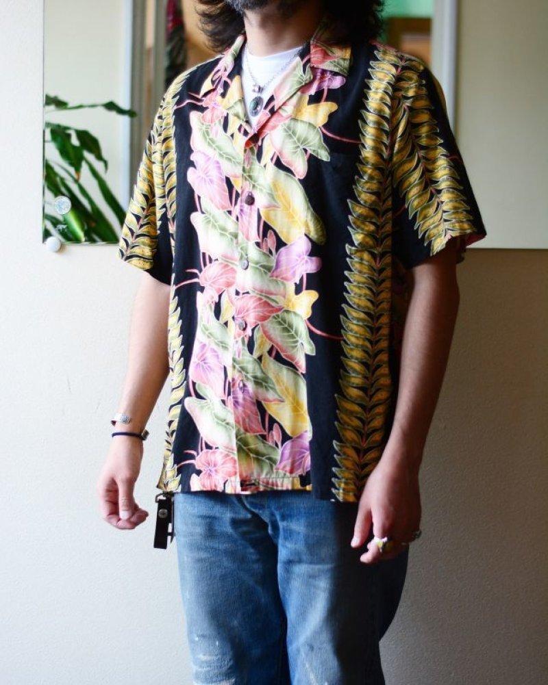 画像1: HILO HATTIE ボーダーパターンアロハシャツ COTTON×RAYON 実寸L-XL