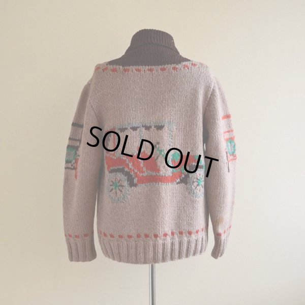 画像3: 1950s クラシックカー柄カウチンセーター  LIGHTNING ZIP コの字留め  実寸M