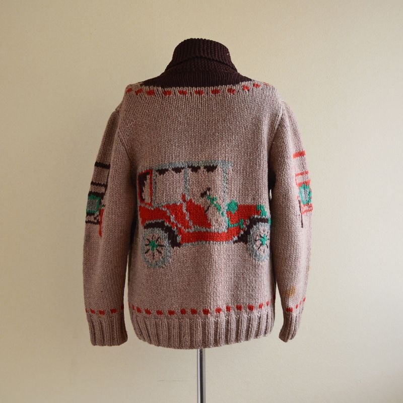 1950s クラシックカー柄カウチンセーター LIGHTNING ZIP コの字留め
