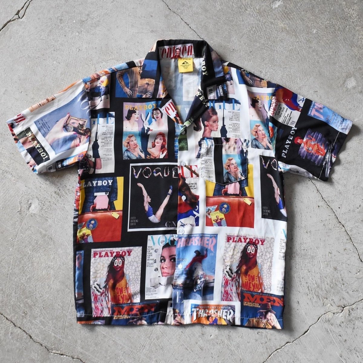 画像1: MAGAZINE COVER COLLAGE オープンカラーシャツ　 "VOGUE,PLAYBOY,THRASHER..."　 実寸L  (1)