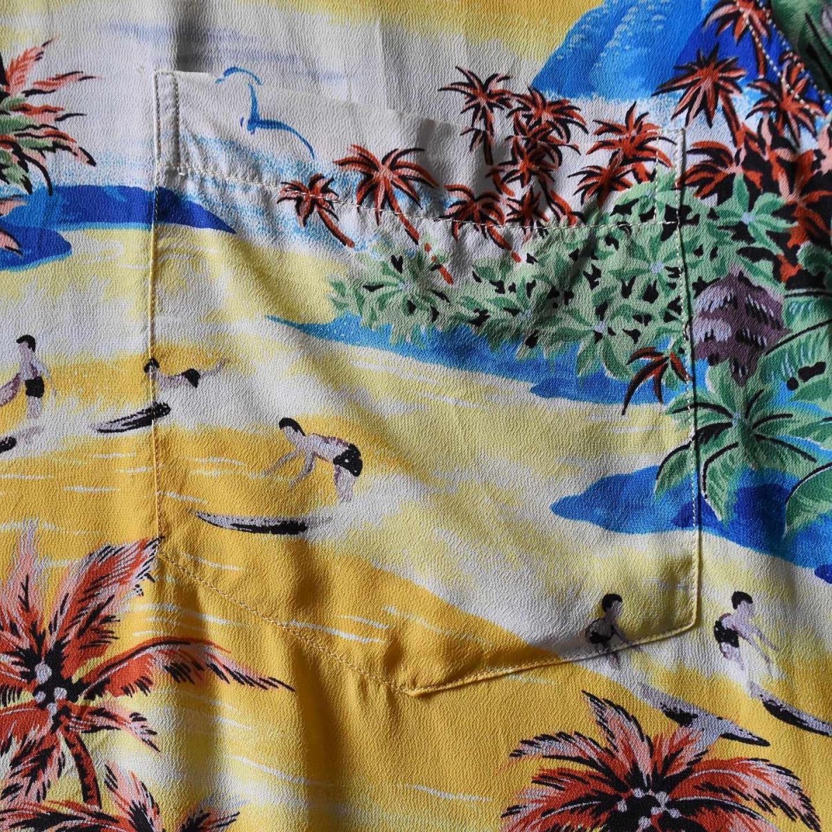 画像8: 1950s POLYNESIAN SPORTSWEAR ハワイアンシャツ　 "ちりめんレーヨン"　 実寸ML  (8)