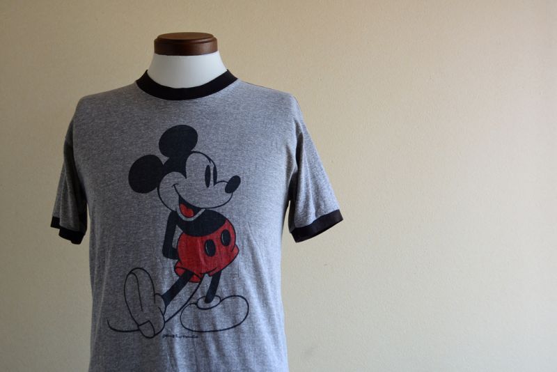 1980s MICKEY MOUSE リンガーTシャツ 杢灰×黒 表記L - 古着屋HamburgCafe