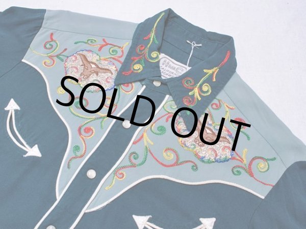 画像4: 1950s【HbarC】ツートン刺繍レーヨンギャバウエスタンシャツ (4)