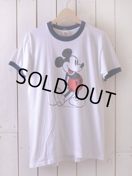 70s USA製 ミッキー 染み込み プリント 半袖 リンガーTシャツ S