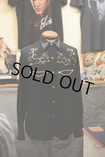 画像3: 1950s LasVegas ブラックレーヨン刺繍ウエスタンシャツ　 実寸M  (3)
