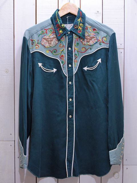 1950s【HbarC】ツートン刺繍レーヨンギャバウエスタンシャツ - 古着屋 