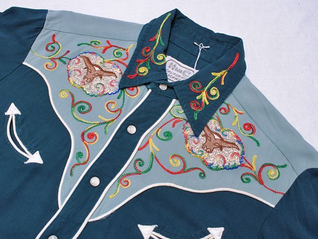 1950s【HbarC】ツートン刺繍レーヨンギャバウエスタンシャツ - 古着屋