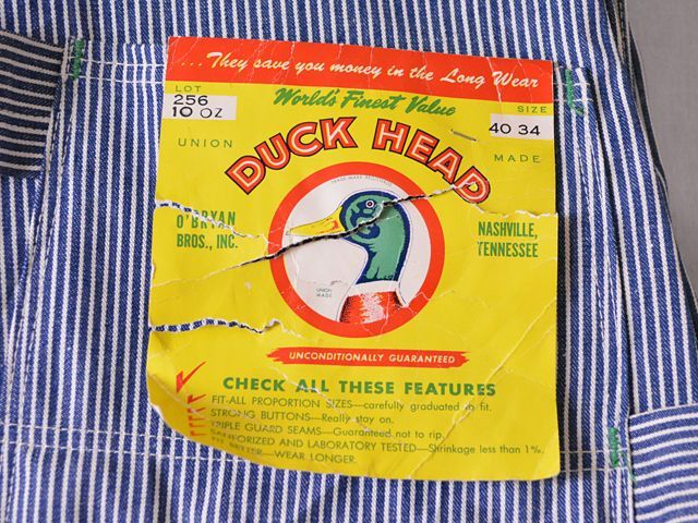 1960s〜【DUCK HEAD】エプロン付きダブルニーヒッコリーオーバーオール