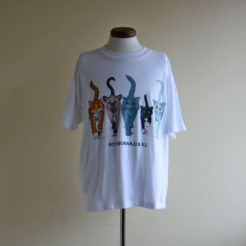 1990s ネコ両面プリントTシャツ 表記L - 古着屋HamburgCafe